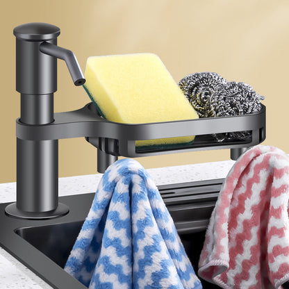 Multifunktionell diskbänksorganisatör med integrerad tvålpump