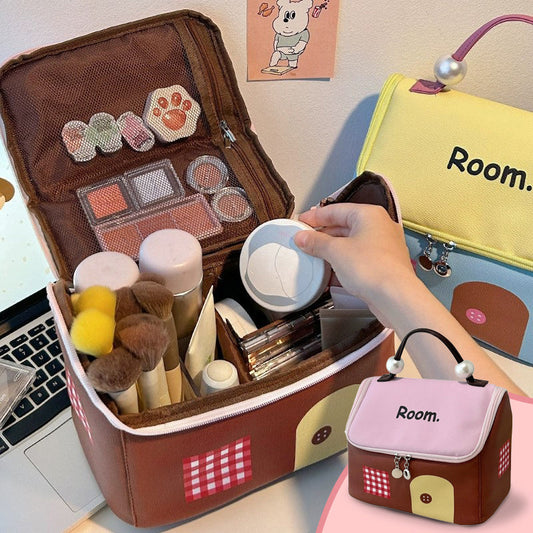 Färgblockad tecknad husformad handhållen kosmetikväska med stor kapacitet